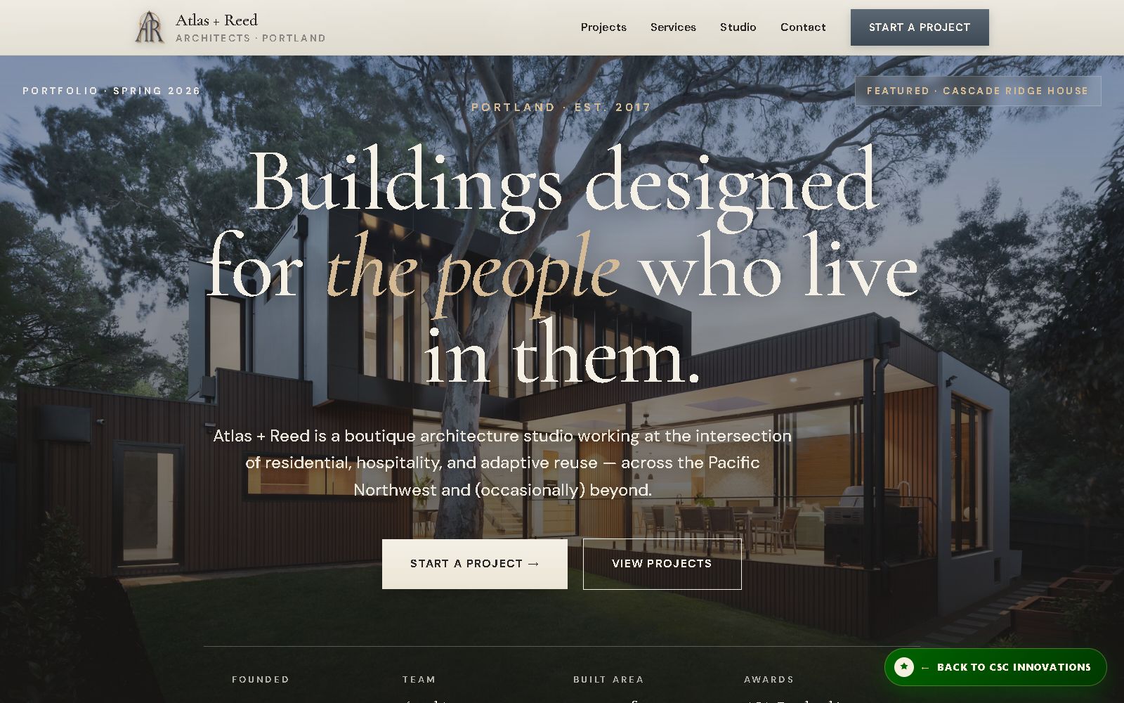 Atlas + Reed — a Studio-tier architecture site we built